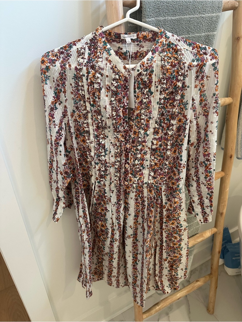 NWT! Poupette St. Barth Cream Floral Pintuck Long-Sleeve Dresses